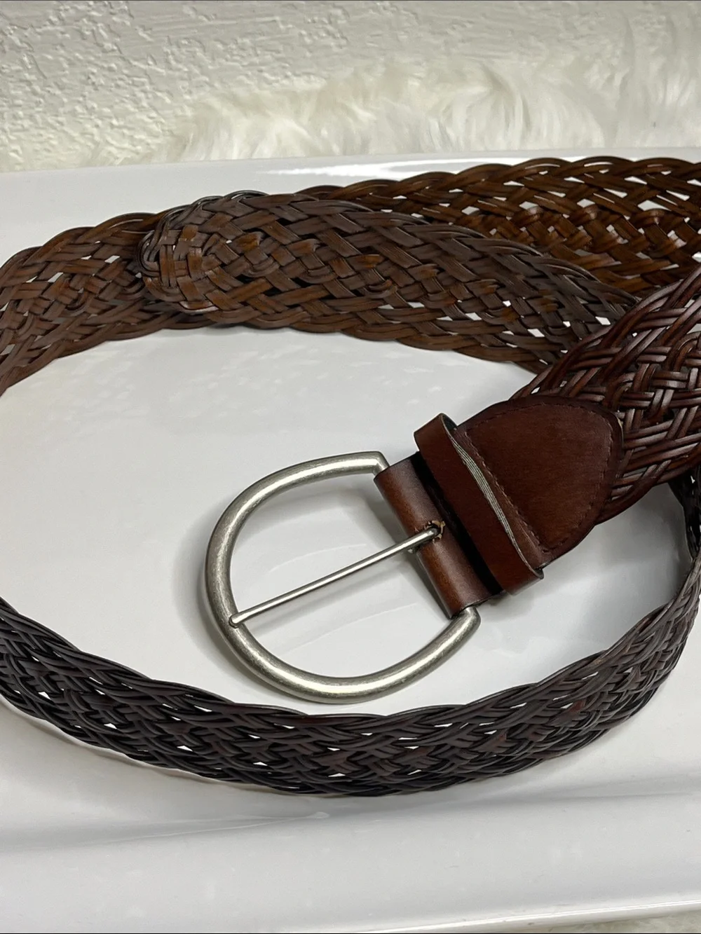 Lane Bryant Braided Leather Belt with Round Silver Buckle - Chestnut Brown